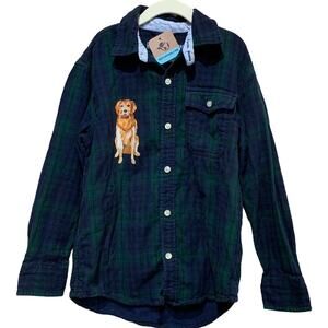 Upcycled Hand Printed Child Medium Size 8 Golden Retriever Puppy Dog Plaid Shirt
